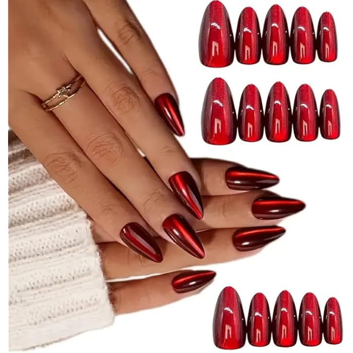 cats PRESS ON gel NAILS-12 pcs Medium Long -easy prsee on- Perfect For Parties, Comes With 1 SHEET DOUBLE FACE GLUE - MIRROR RED COLOR - Image 1
